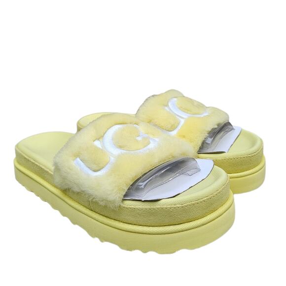 Fuzzy Fur Slides UGG Laton Size 10 Yellow Wool Embroidered Logo Sandal Suede EUC - Picture 2 of 14